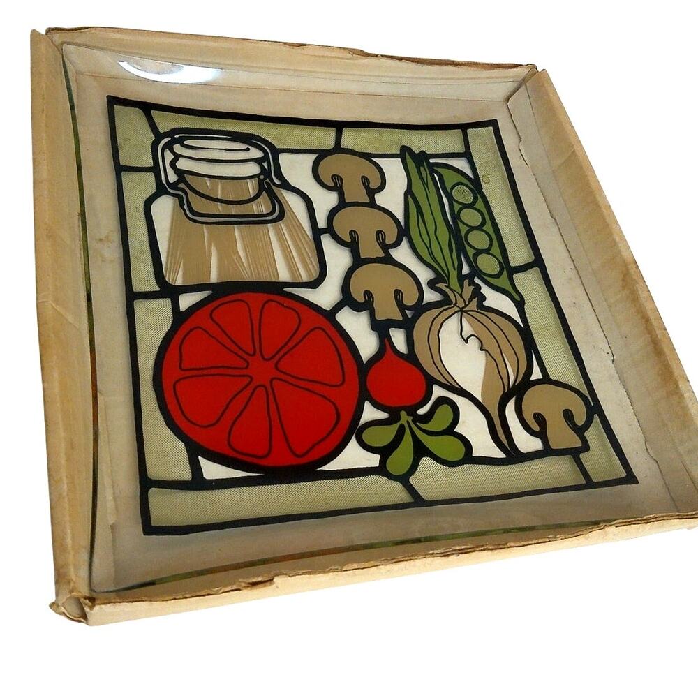 Vintage 70s Stained Glass Veggie Platter Retro Mushroom Serving Tray